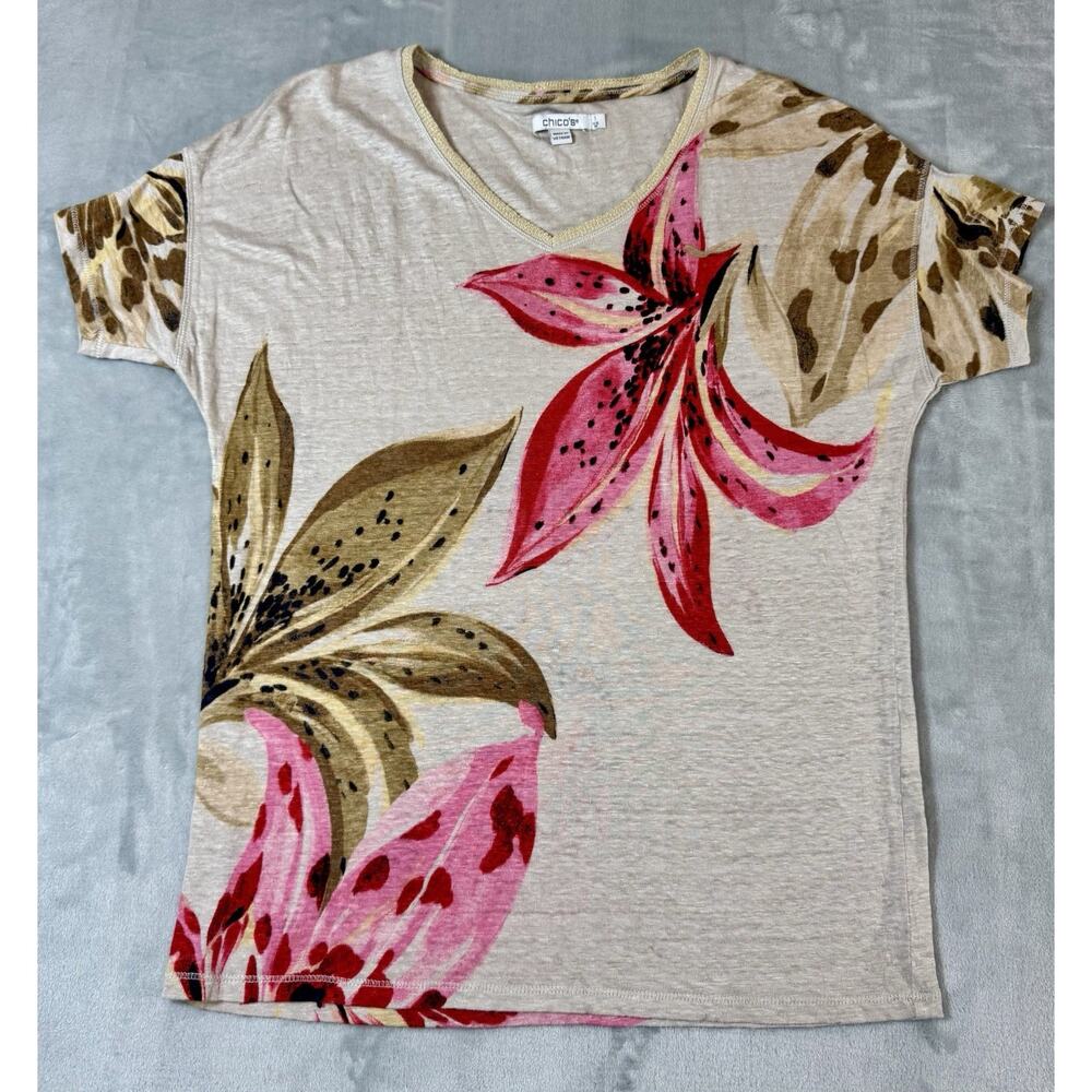 Chico’s Linen Floral Top Beige Pink Lily Print Short Sleeve Women’s Size 1 M